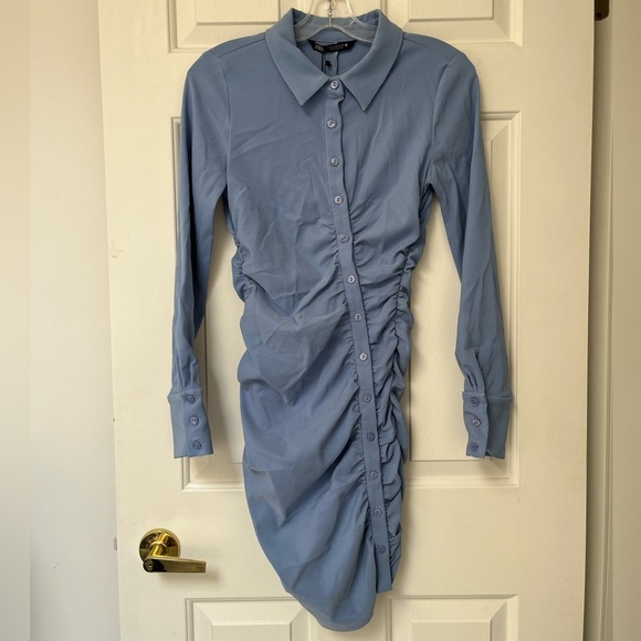 NWT Zara Asymmetric Draped Blue Shirt Dress M - Picture 12 of 15